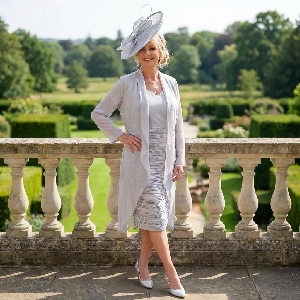 Woman in a Lizabella light gray  mother of the bride dress and jacket with a large silver fascinator hat standing on a stone balcony ready for a wedding. Signature Dress.