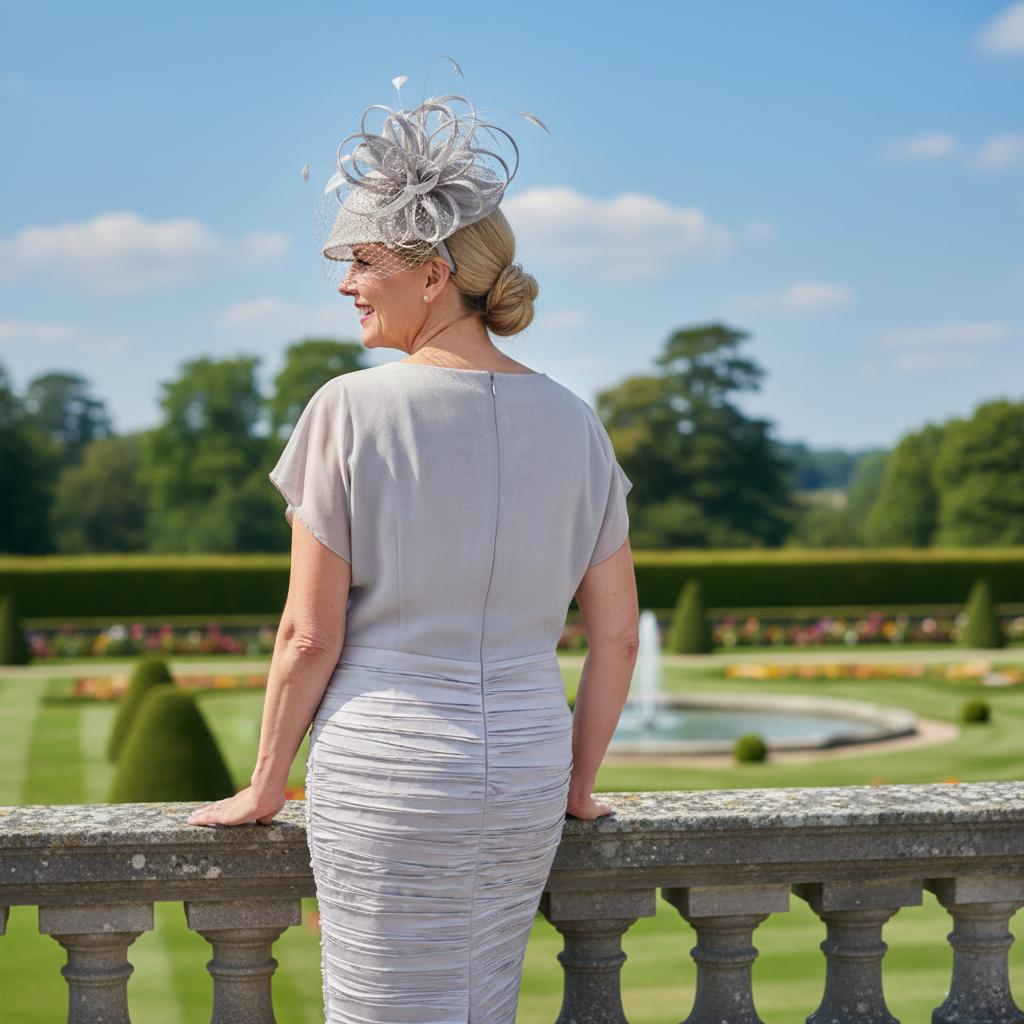 Woman in a Lizabella light gray  mother of the bride dress and jacket with a large silver fascinator hat standing on a stone balcony ready for a wedding. Signature Dress.
