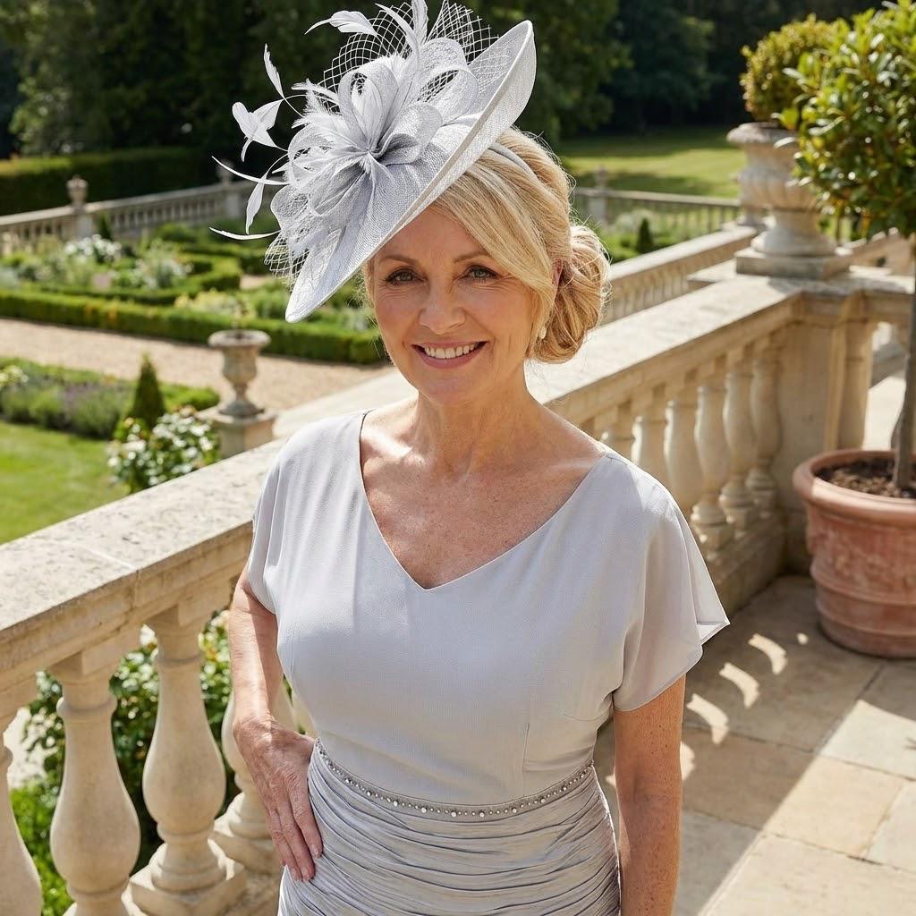 Woman in a Lizabella light gray  mother of the bride dress and jacket with a large silver fascinator hat standing on a stone balcony ready for a wedding. Signature Dress.