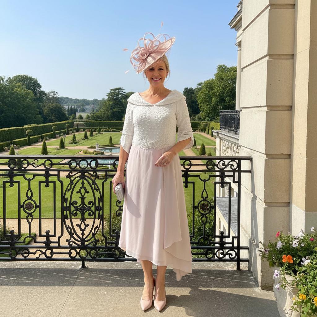 Woman in a blush pink Mother of the bride dress by Lizabella. Signature Dress