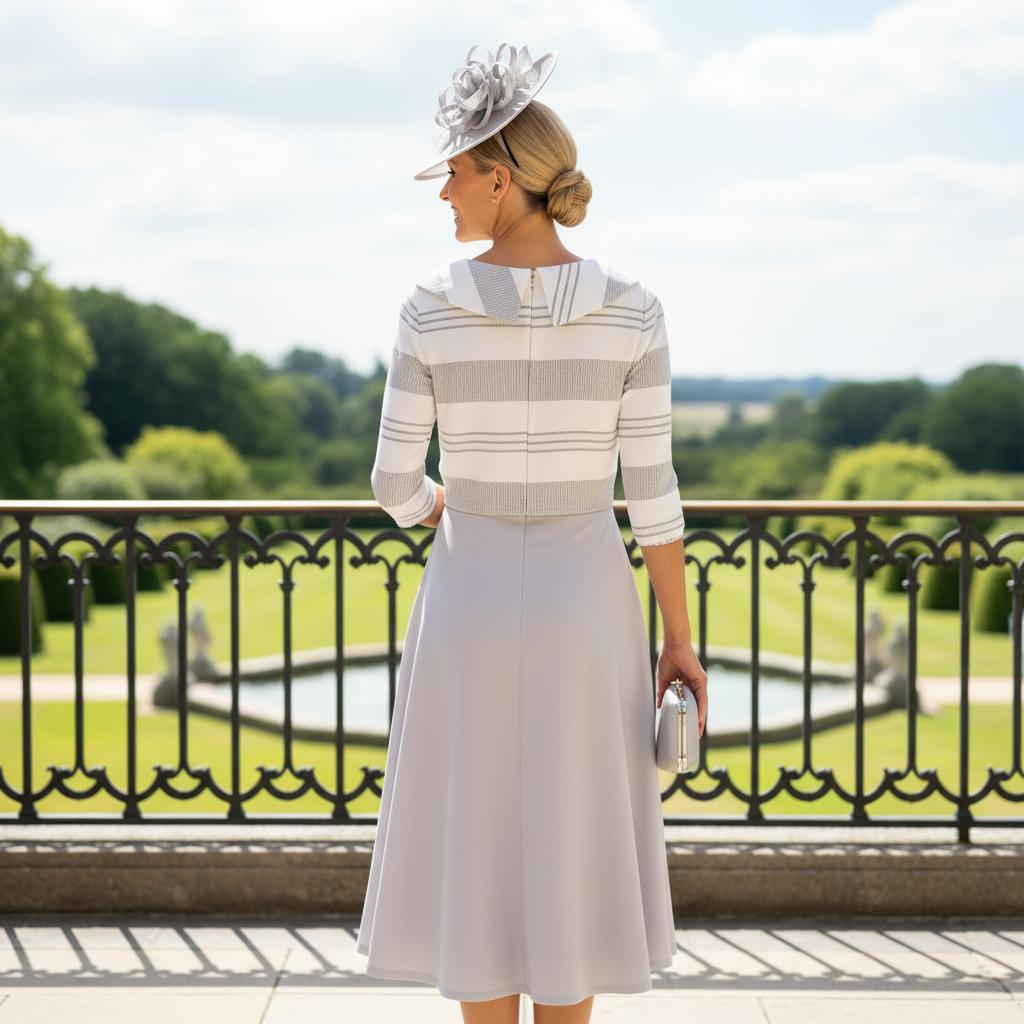 Woman in a Lizabella striped A Line mother of the bride dress with a matching silver fascinator hat standing on a balcony with classical architecture. Signature Dress.