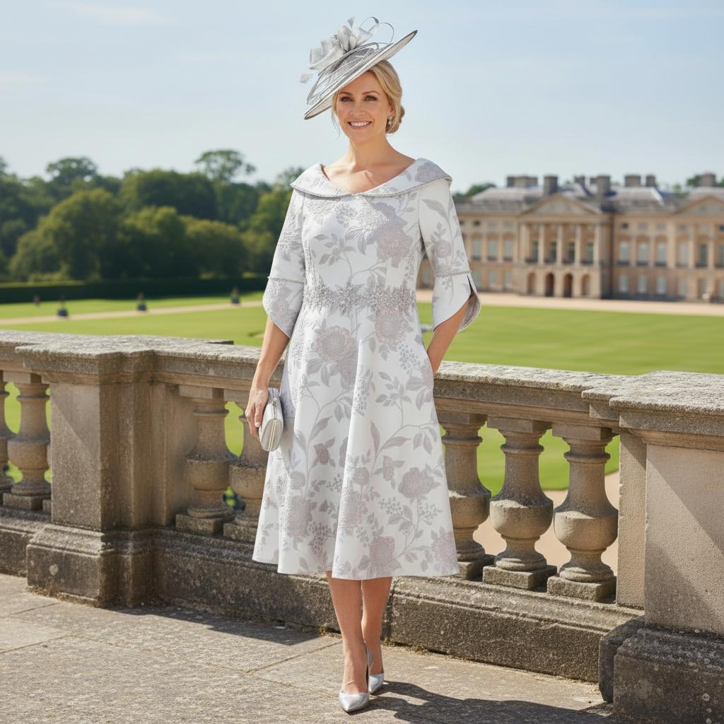 Woman wearing a A - line Lizabella Silver Mother of the Bride dress with a 3/4 sleeve. Signature Dress.