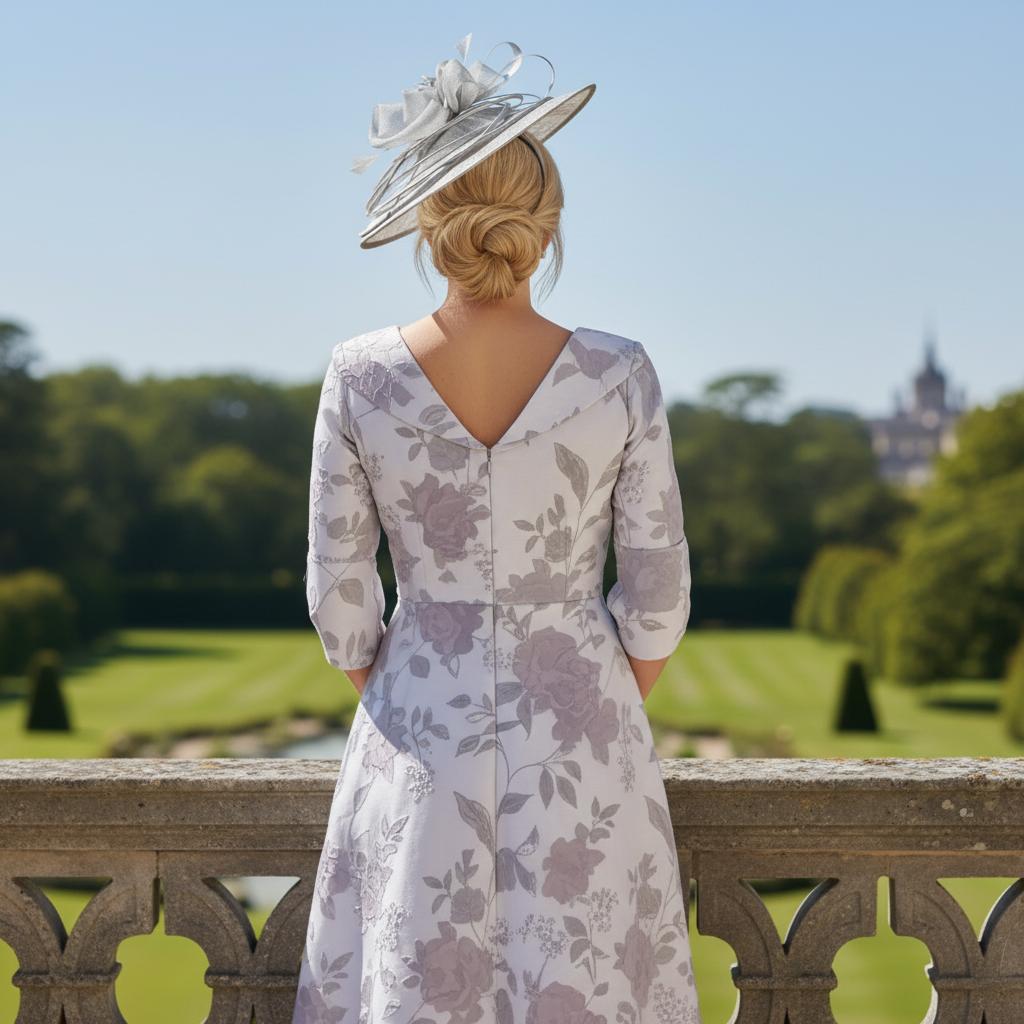 Woman wearing a A - line Lizabella Silver Mother of the Bride dress with a 3/4 sleeve. Signature Dress.