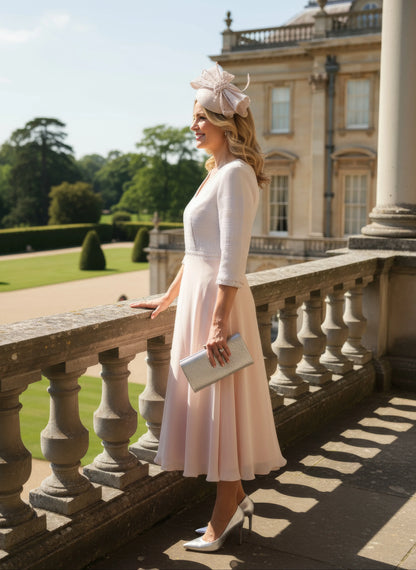 Woman in a light pink Mother of the bride dress by Lizabella with a decorative hat standing on a balcony with a scenic background.