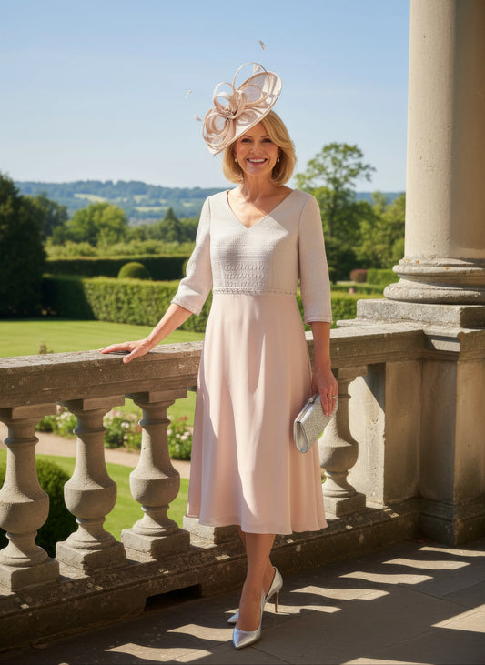 Woman in a light pink Mother of the bride dress by Lizabella with a decorative hat standing on a balcony with a scenic background.