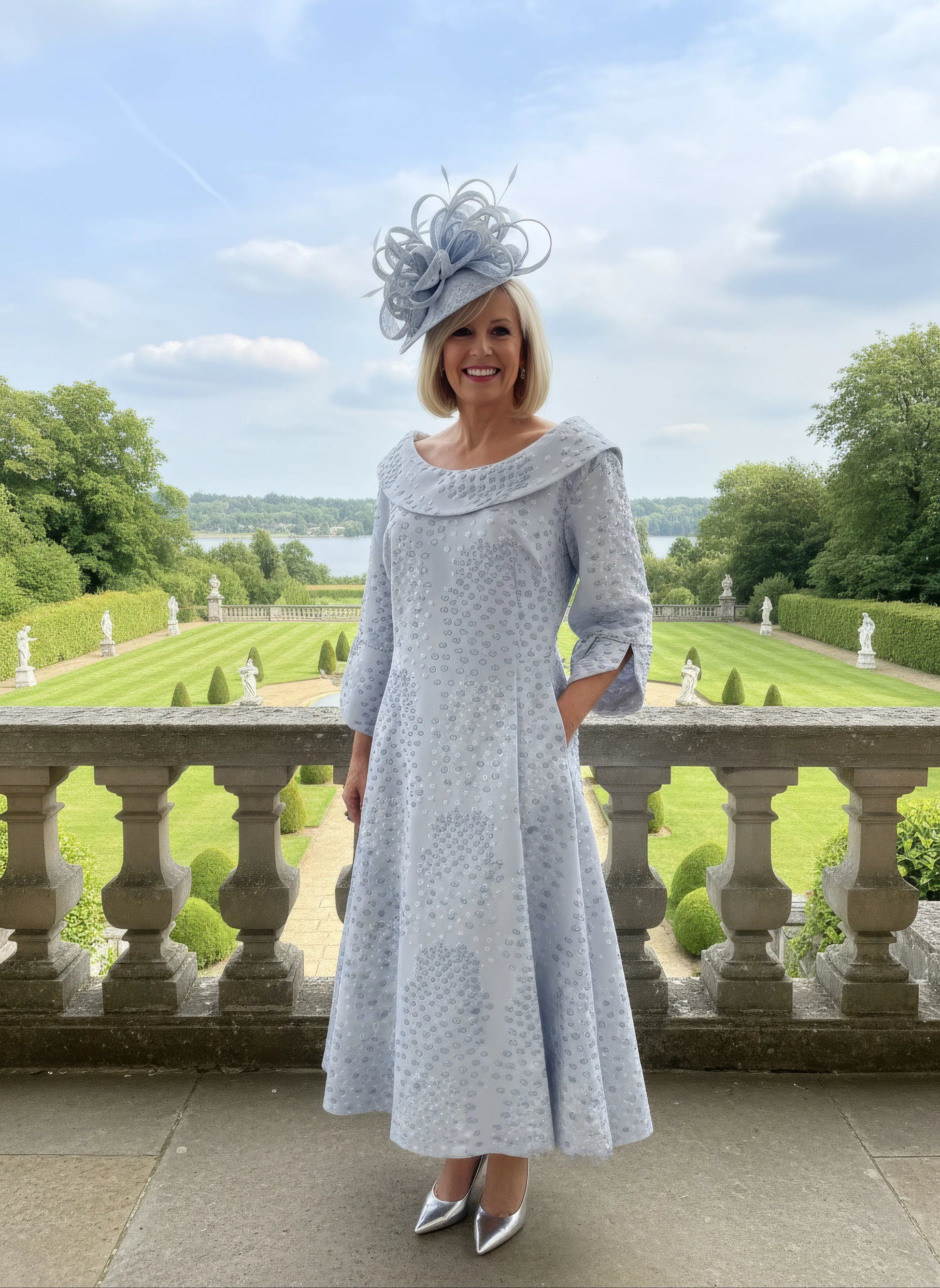 Woman in a light blue lizabella dress with a matching hat standing in a formal garden setting. 