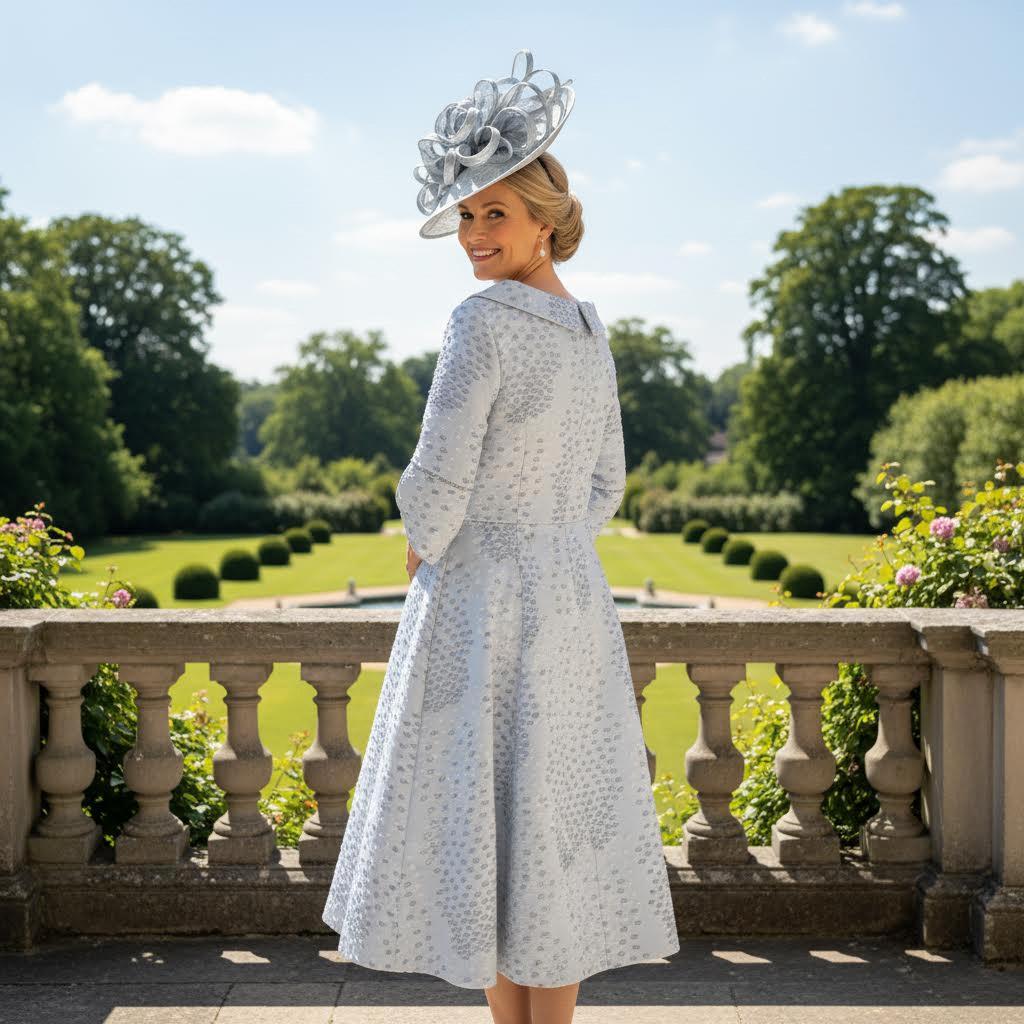Woman in a Lizabella light blue A line mother of the bride dress and  pale blue fascinator hat standing on a balcony with greenery in the background. Signature Dress.