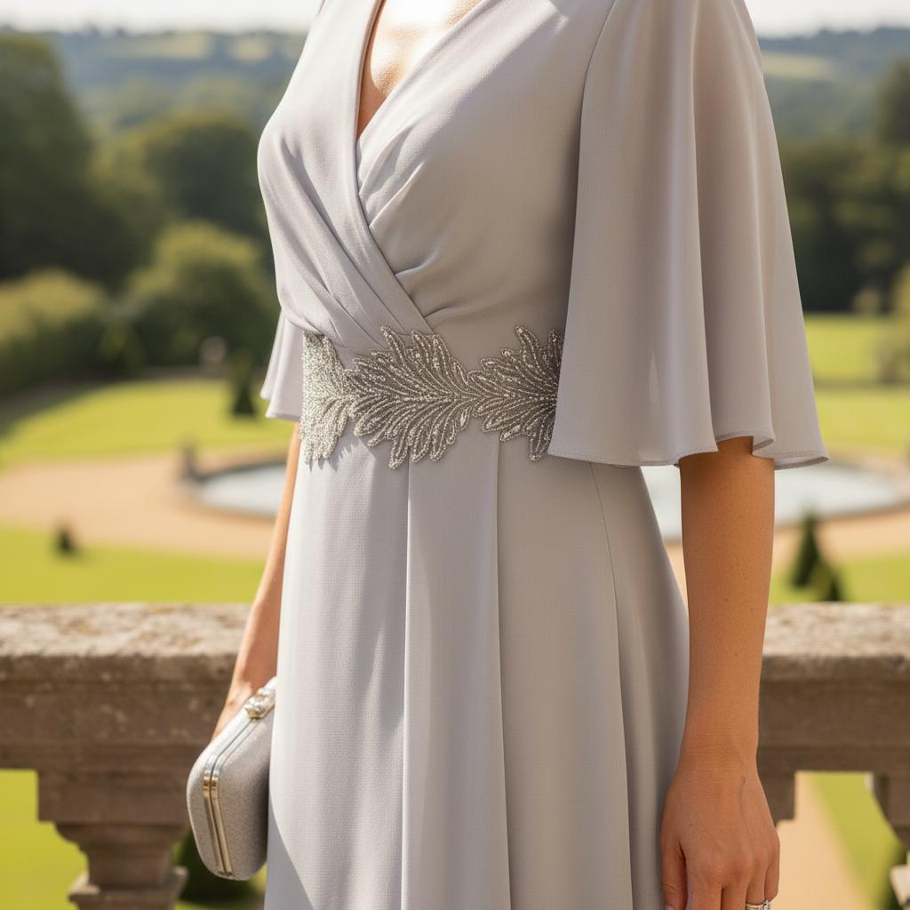 mother of the bride wearing a silver lightweight style dress with half sleeves from Lizabella. Signature Dress