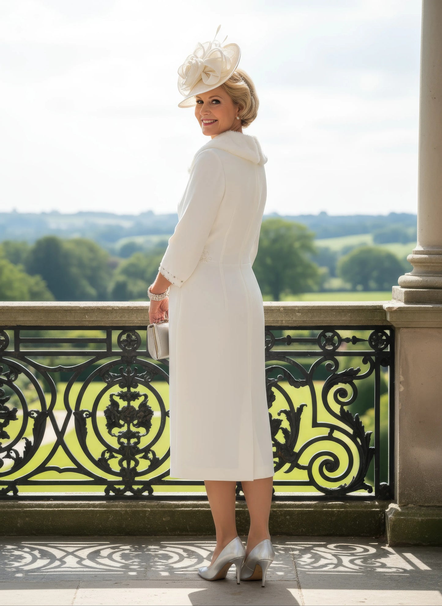 Woman in a white fur bridal dress with a matching hat standing on a balcony with a scenic background.
