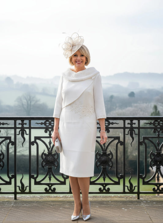 Woman in a white fur bridal dress with a matching hat standing on a balcony with a scenic background.