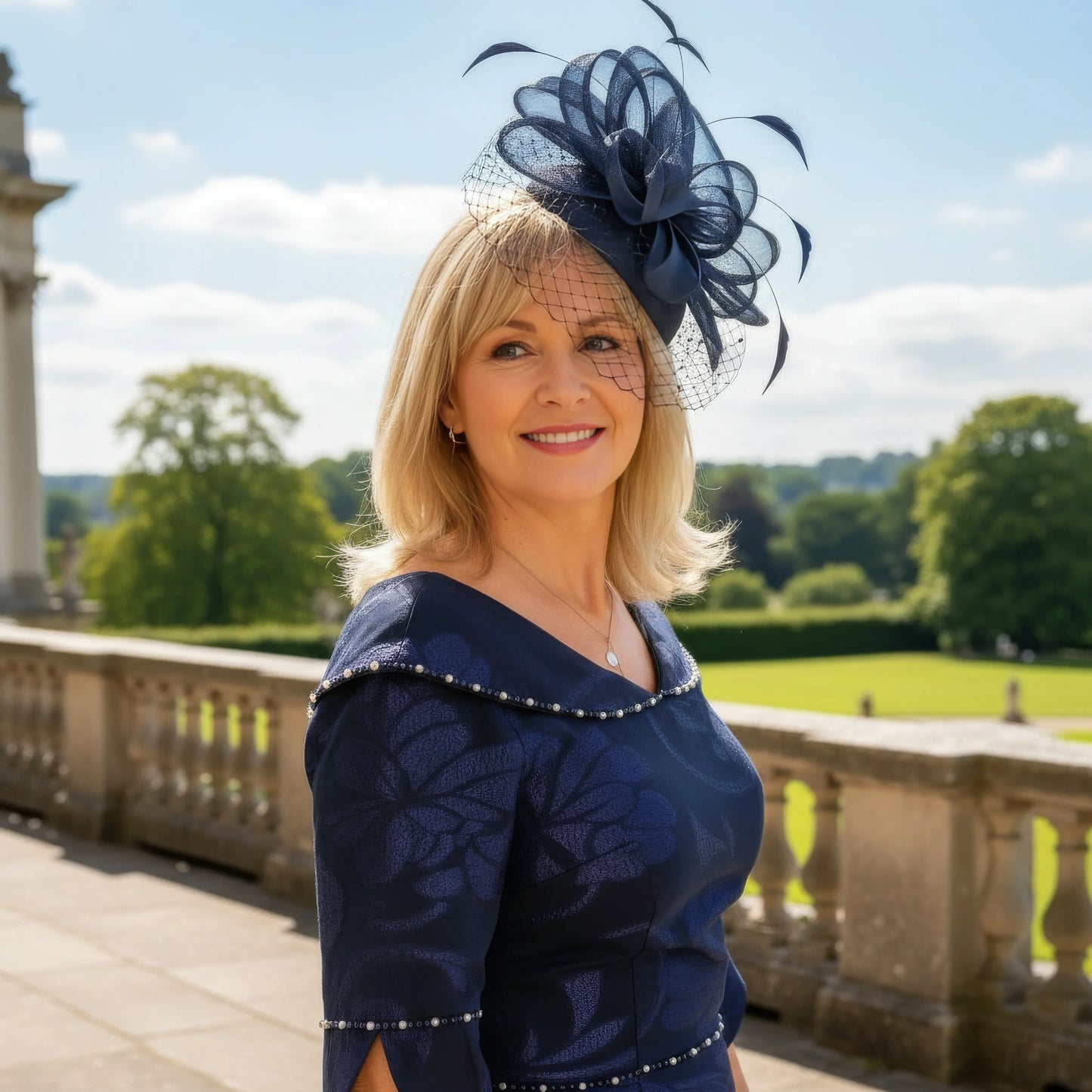 Woman in a navy blue Lizabella Mother of the bride dress with a matching hat standing on a balcony with a scenic background.