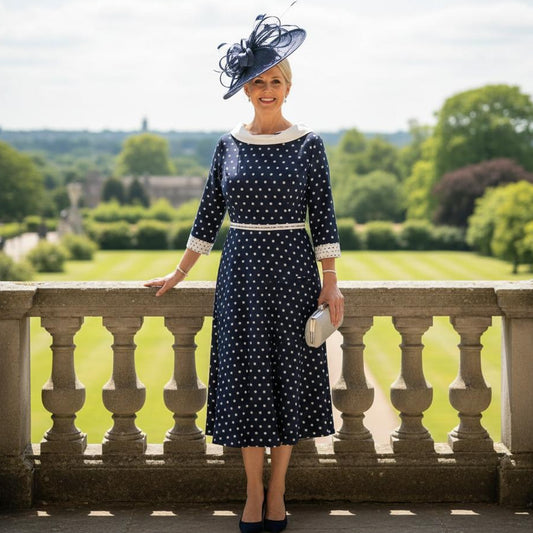 Woman in a navy polka dot Lizabella Midi mother of the bride dress with a navy fascinator standing on a balcony with a scenic background. Signature Dress.