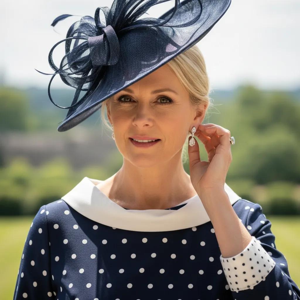 Woman in a navy polka dot Lizabella Midi mother of the bride dress with a navy fascinator standing on a balcony with a scenic background. Signature Dress.