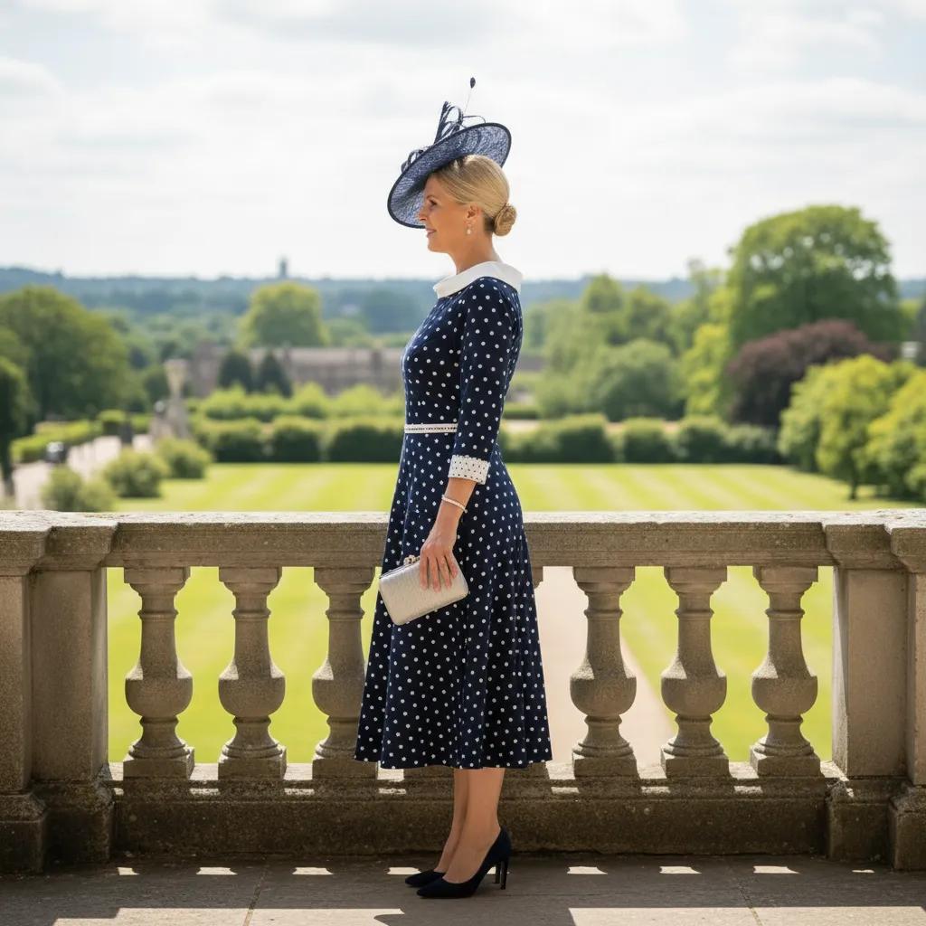 Woman in a navy polka dot Lizabella Midi mother of the bride dress with a navy fascinator standing on a balcony with a scenic background. Signature Dress.