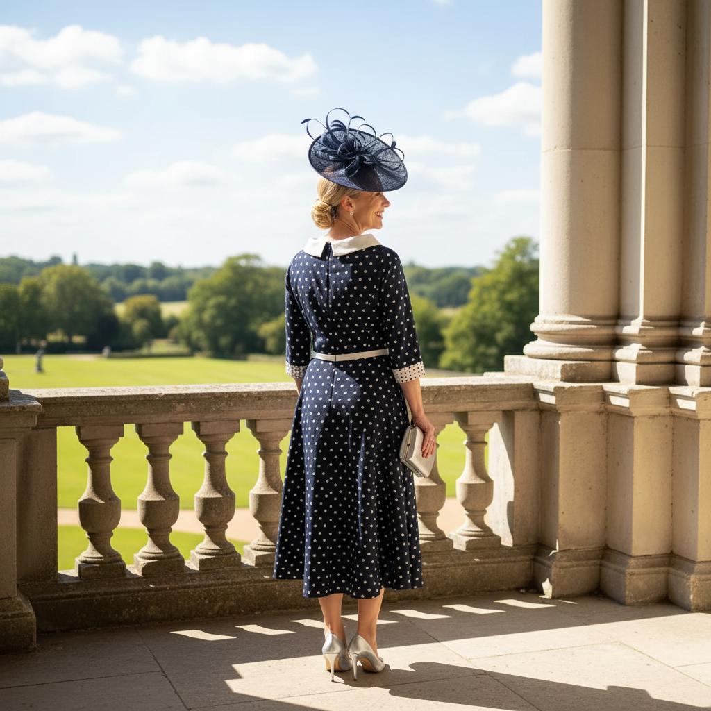Woman in a navy polka dot Lizabella Midi mother of the bride dress with a navy fascinator standing on a balcony with a scenic background. Signature Dress.