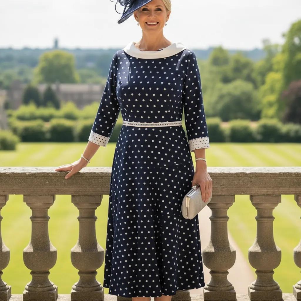 Woman in a navy polka dot Lizabella Midi mother of the bride dress with a navy fascinator standing on a balcony with a scenic background. Signature Dress.