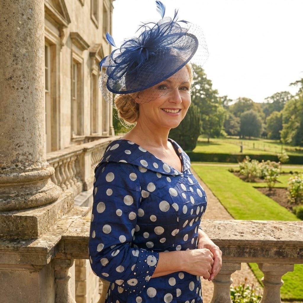 Woman in a Lizabella blue polka dot mother of the bride dress and blue fascinator hat standing on a stone balcony with a garden view. Signature Dress