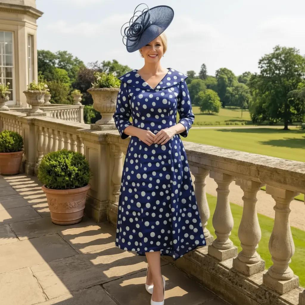 Woman in a Lizabella blue polka dot mother of the bride dress and blue fascinator hat standing on a stone balcony with a garden view. Signature Dress