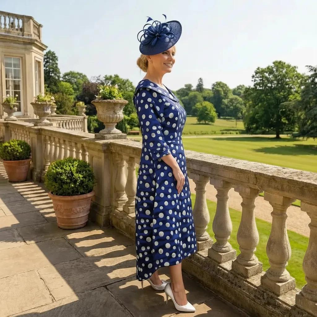 Woman in a Lizabella blue polka dot mother of the bride dress and blue fascinator hat standing on a stone balcony with a garden view. Signature Dress