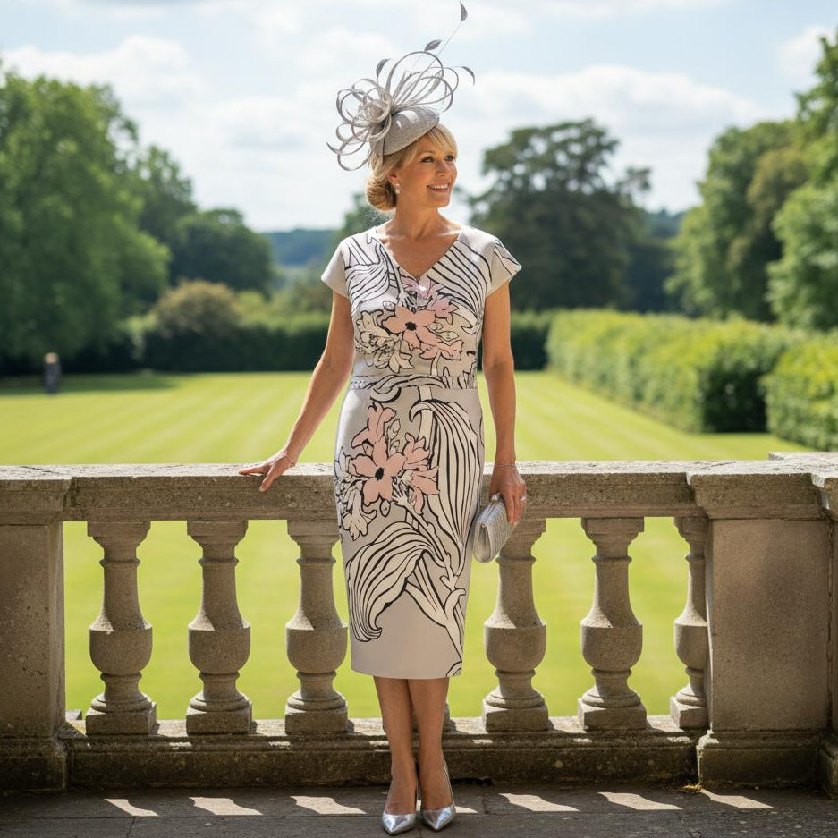 Woman in a Lizabella patterned Silver mother of the bride dress and silver fascinator standing on a stone balcony with a garden view. Signature Dress.