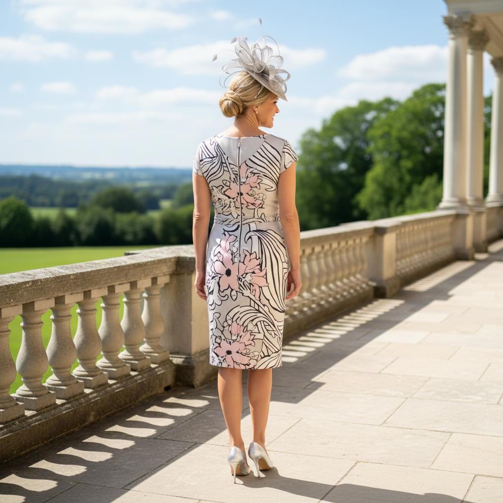 Woman in a Lizabella patterned Silver mother of the bride dress and silver fascinator standing on a stone balcony with a garden view. Signature Dress.