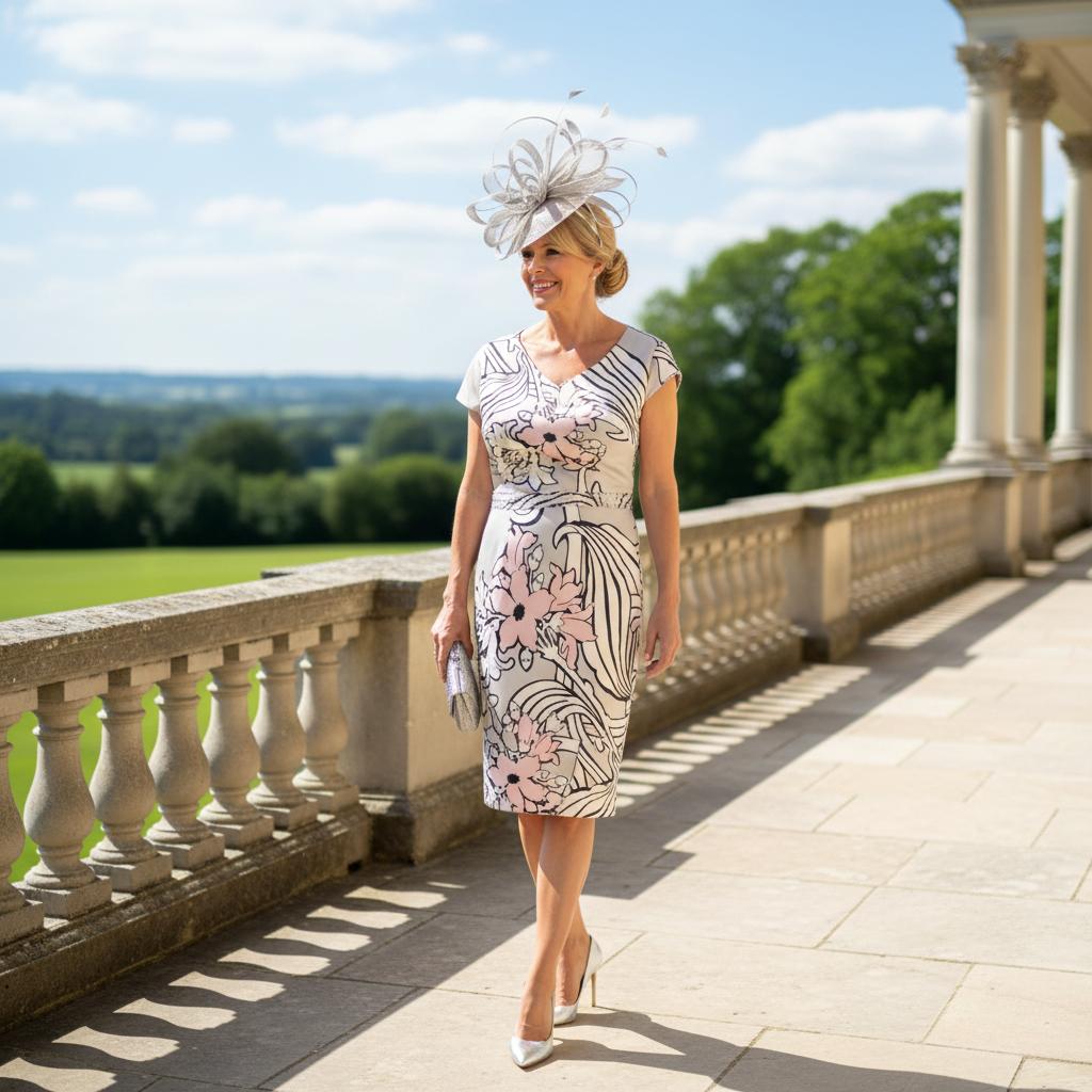 Woman in a Lizabella patterned Silver mother of the bride dress and silver fascinator standing on a stone balcony with a garden view. Signature Dress.