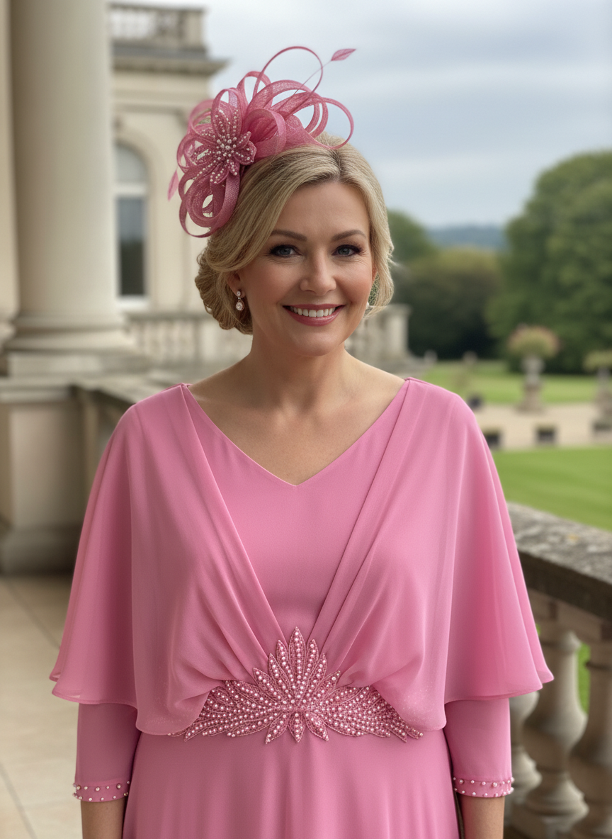 Lady wearing a pink chiffon mother of the bride dress