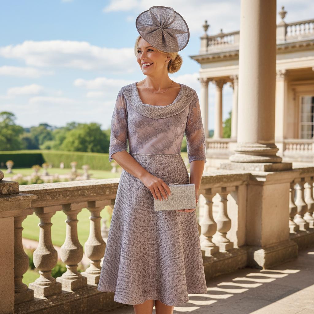 Woman wearing a Lizabella dusty pink mother of the bride dress. Signature Dress.