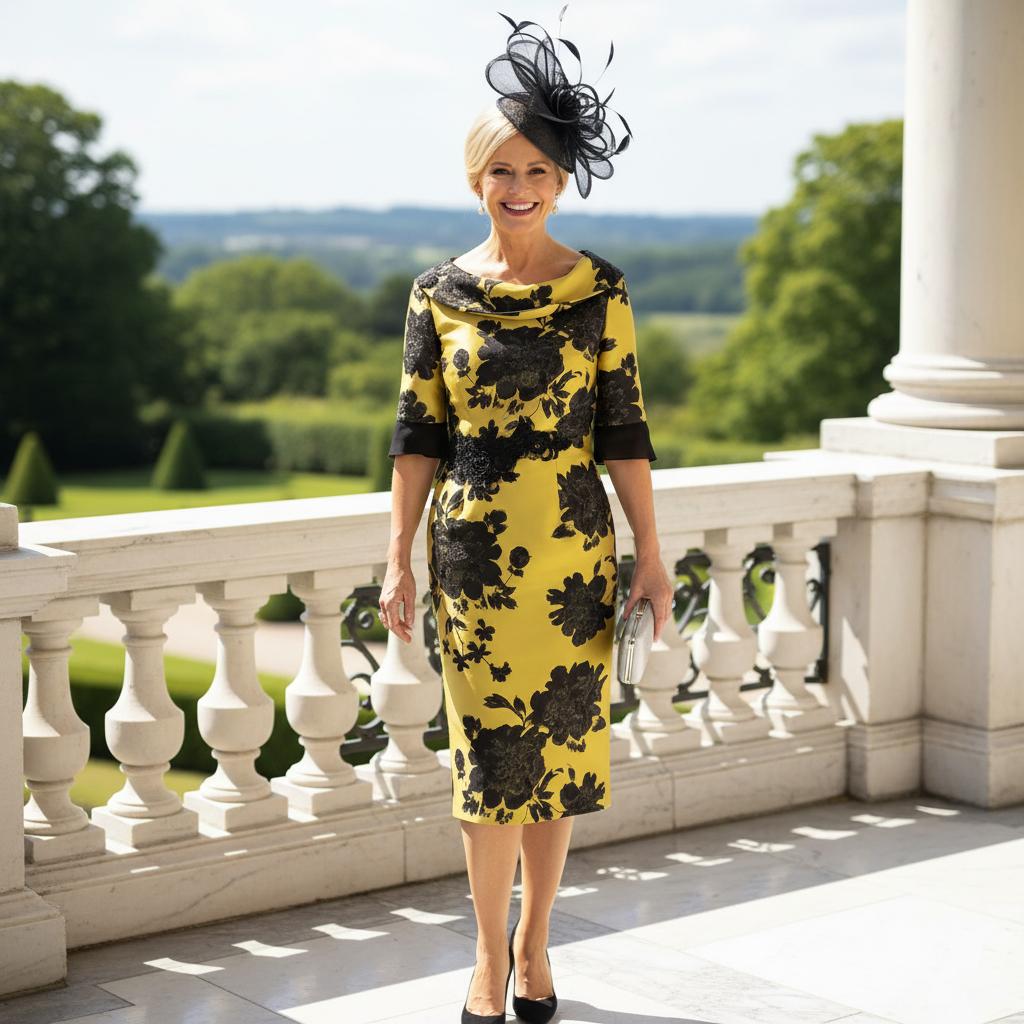 Woman in a yellow and black mother of the bride dress. signature dress