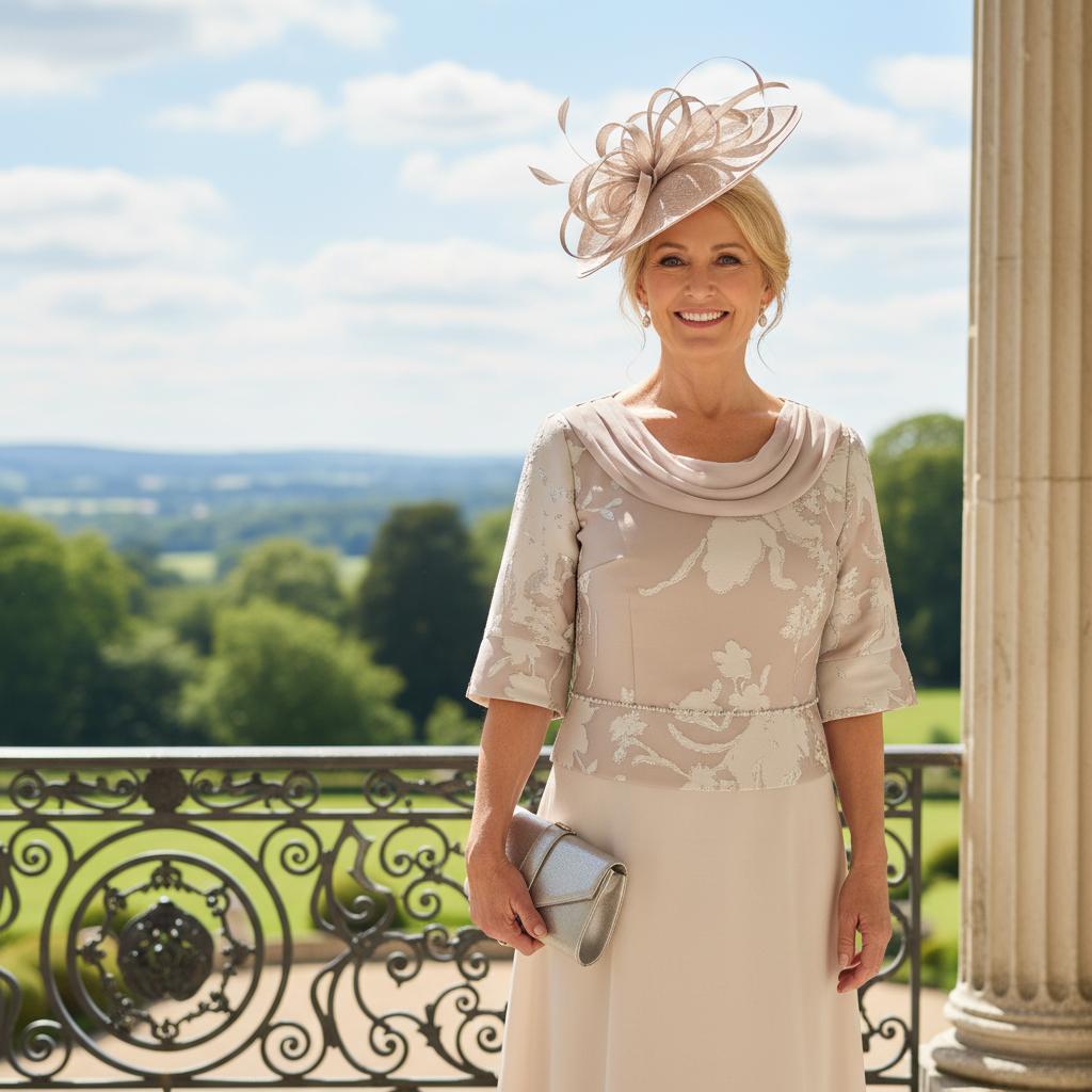 Woman in a Lizabella pale taupe mother of the bride dress and fascinator standing in an elegant outdoor setting. Signature Dress.