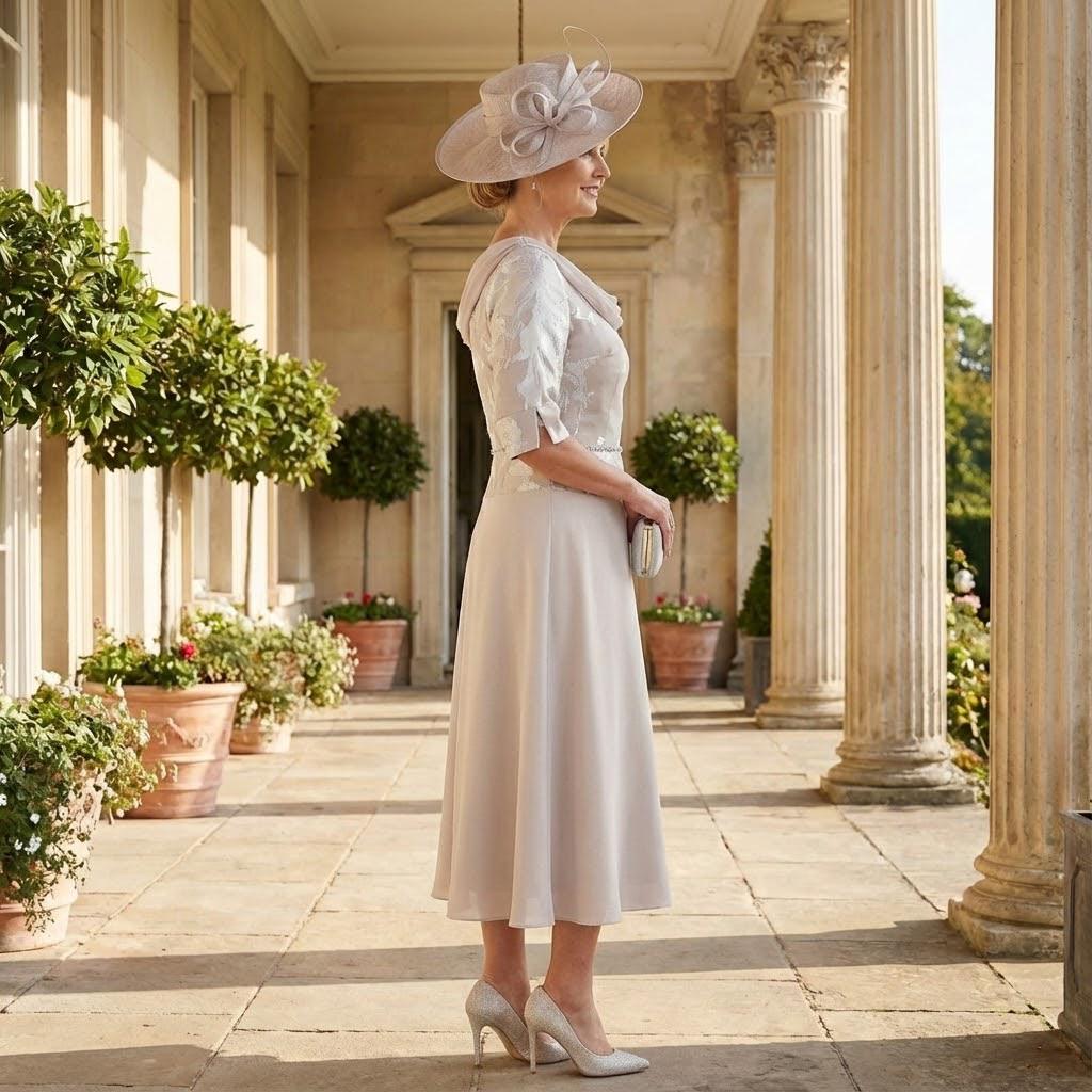 Woman in a Lizabella pale taupe mother of the bride dress and fascinator standing in an elegant outdoor setting. Signature Dress.