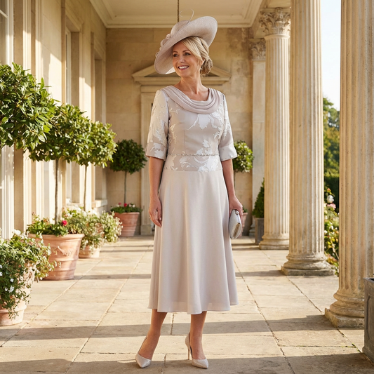 Woman in a Lizabella pale taupe mother of the bride dress and fascinator standing in an elegant outdoor setting. Signature Dress.