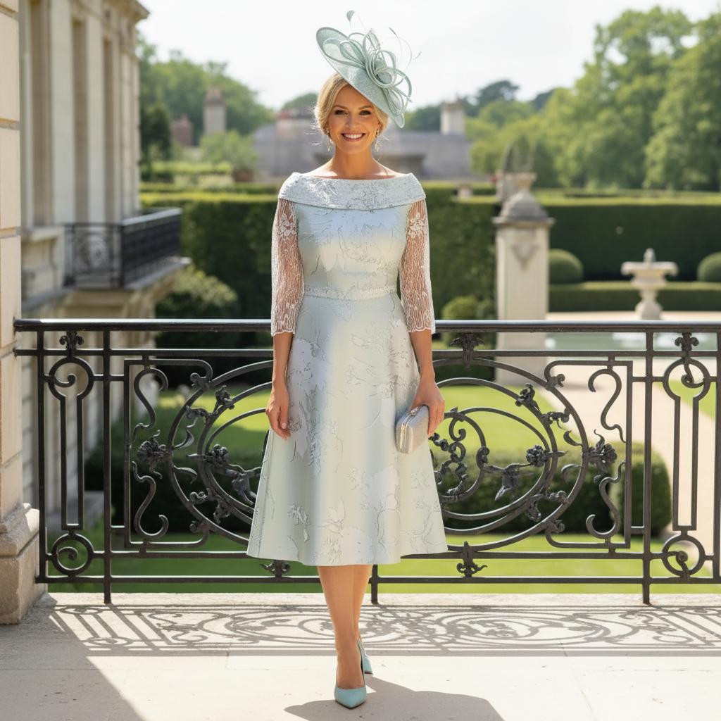 Woman in a Lizabella mint green mother of the bride dress standing on a balcony with greenery and a building in the background. Signature Dress.