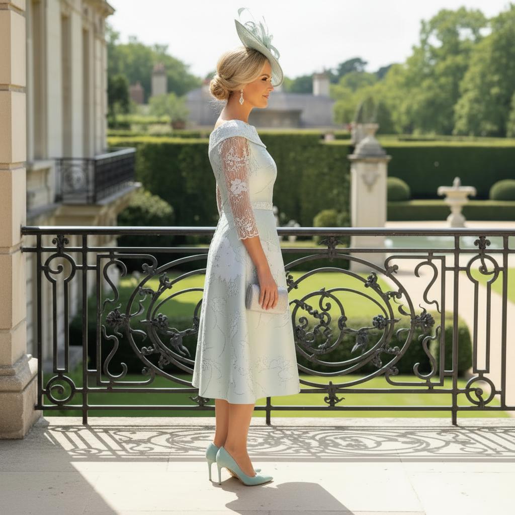 Woman in a Lizabella mint green mother of the bride dress standing on a balcony with greenery and a building in the background. Signature Dress.