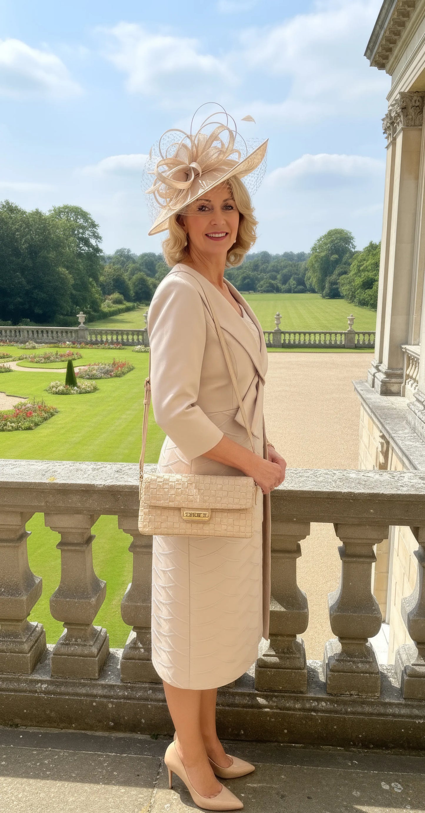 Woman in a beige lizabella mother of the bride outfit standing on a balcony with a garden view at a wedding - signature dress