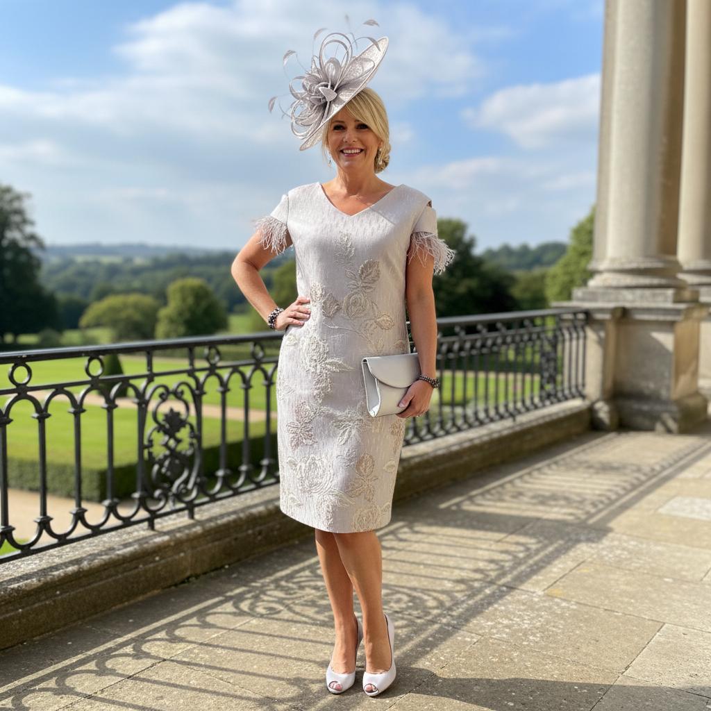 Woman in Lizabella a light lilac mother of the bride 2 piece outfit with a matching hat standing on a balcony with a scenic background. Signature Dress.