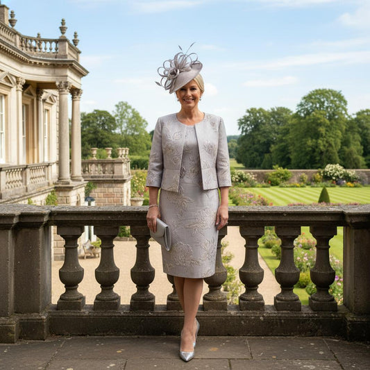 Woman in Lizabella a light lilac mother of the bride 2 piece outfit with a matching hat standing on a balcony with a scenic background. Signature Dress.
