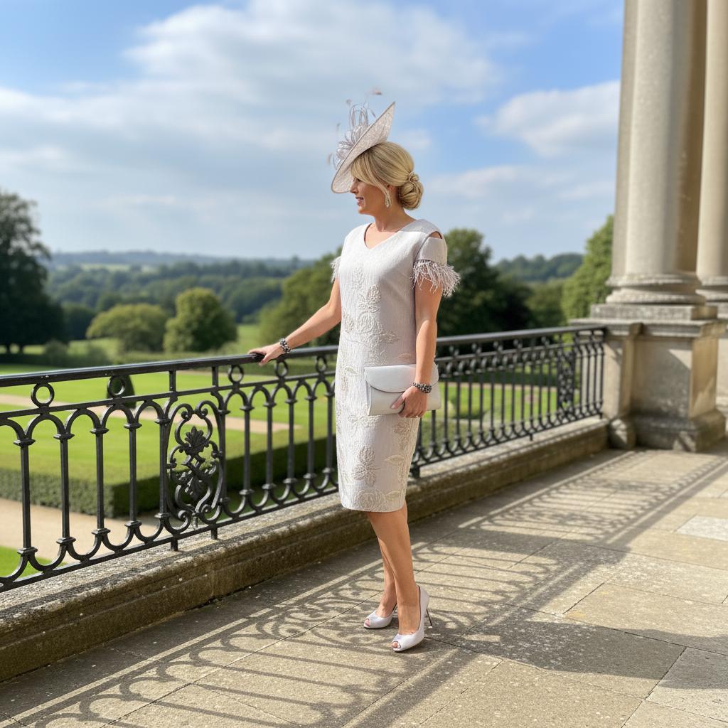 Woman in Lizabella a light lilac mother of the bride 2 piece outfit with a matching hat standing on a balcony with a scenic background. Signature Dress.