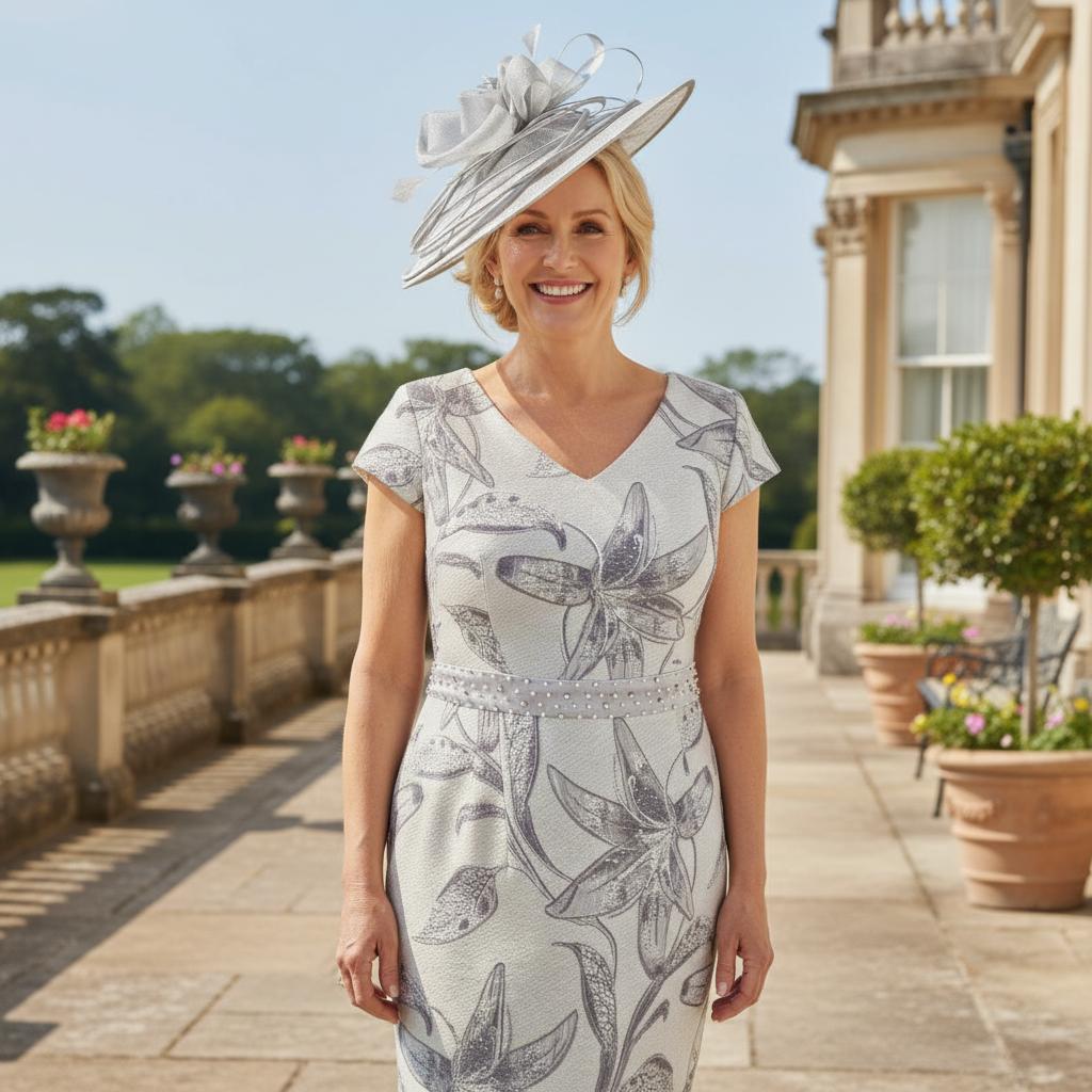 Woman in a floral Lizabella Silver 2 piece mother of the bride dress and matching jacket with a silver bespoke fascinator by Signature Dress standing in front of a large building with gardens. Signature Dress.