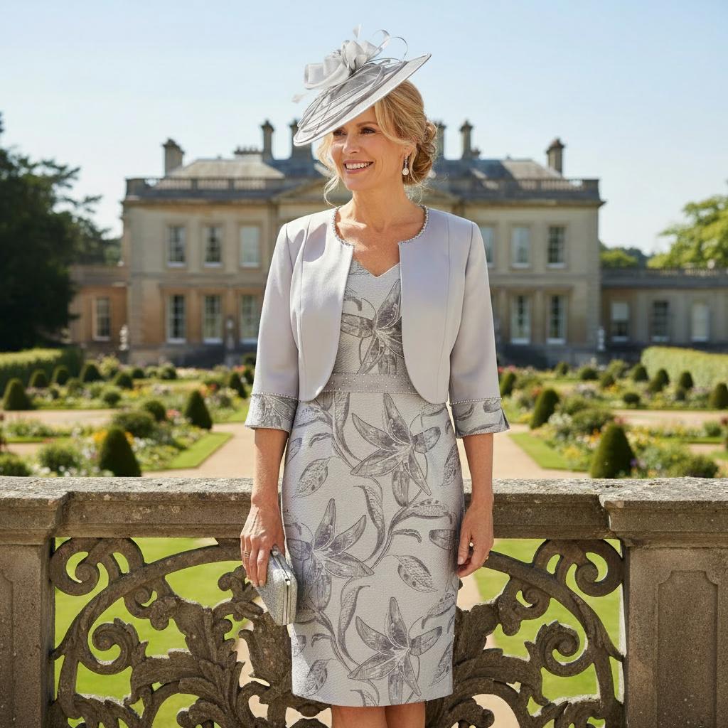 Woman in a floral Lizabella Silver 2 piece mother of the bride dress and matching jacket with a silver bespoke fascinator by Signature Dress standing in front of a large building with gardens. Signature Dress.