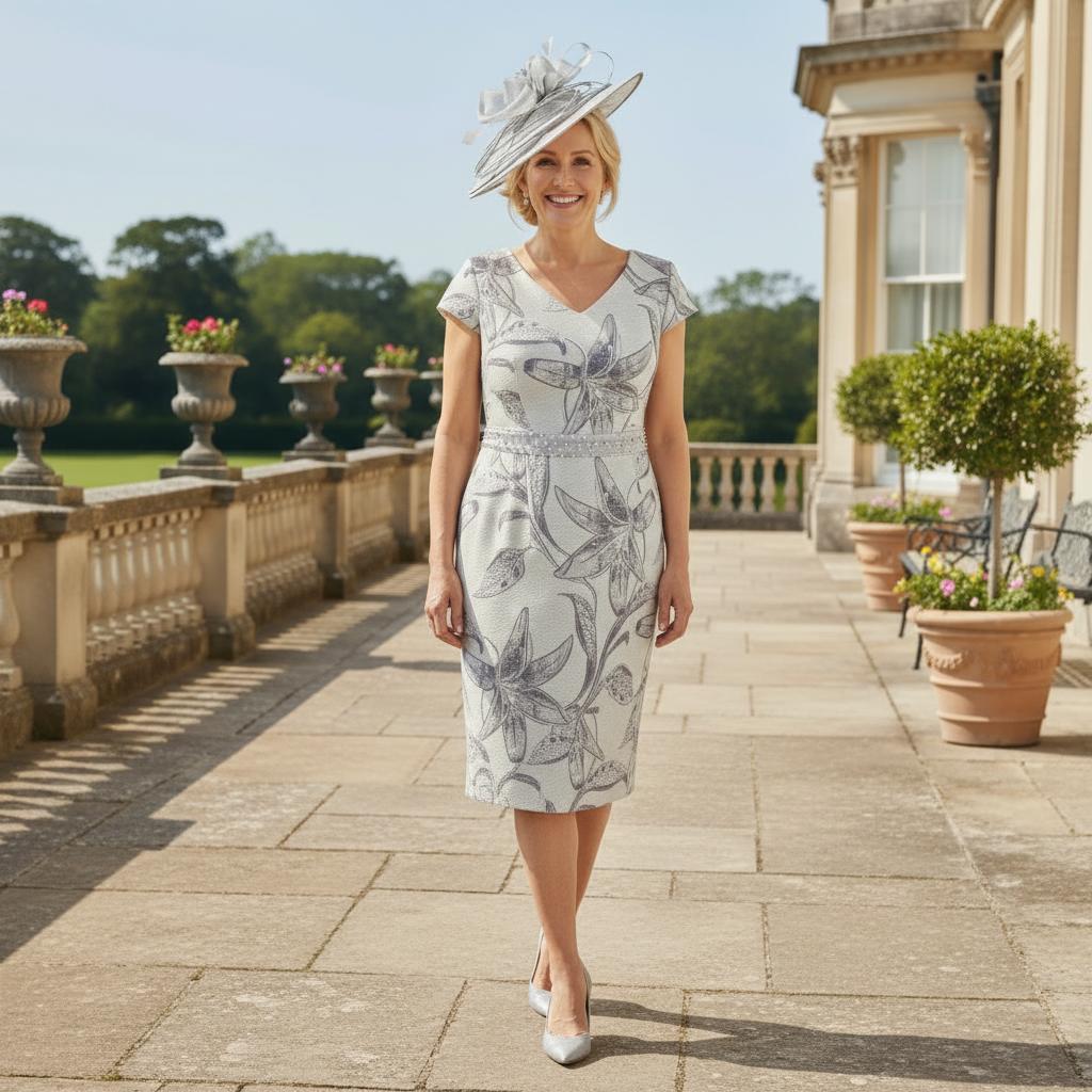 Woman in a floral Lizabella Silver 2 piece mother of the bride dress and matching jacket with a silver bespoke fascinator by Signature Dress standing in front of a large building with gardens. Signature Dress.
