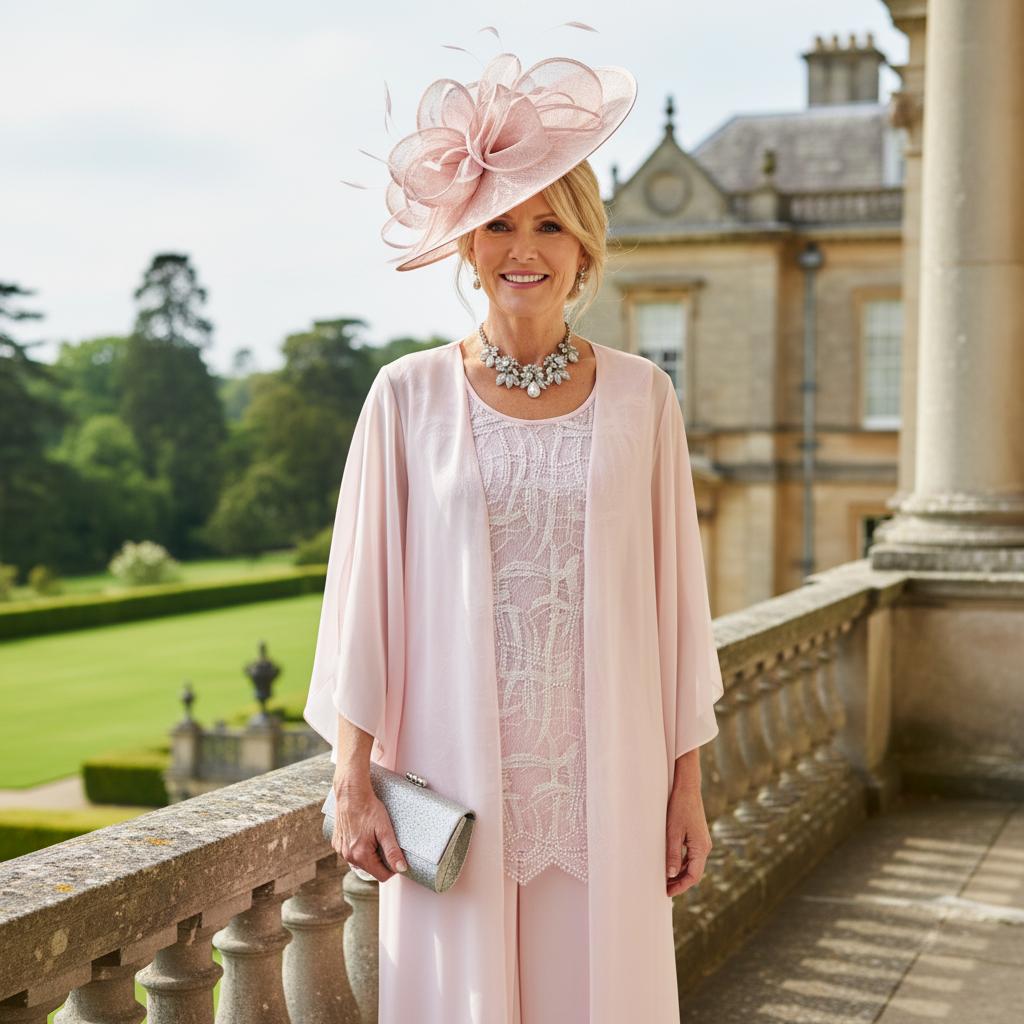 Woman in a 3 piece pink mother of the bride trouser suit. perfect for a summer or abroad wedding. Signature Dress.