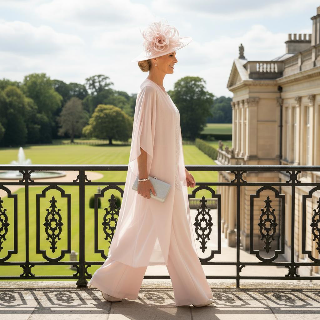 Woman in a 3 piece pink mother of the bride trouser suit. perfect for a summer or abroad wedding. Signature Dress.