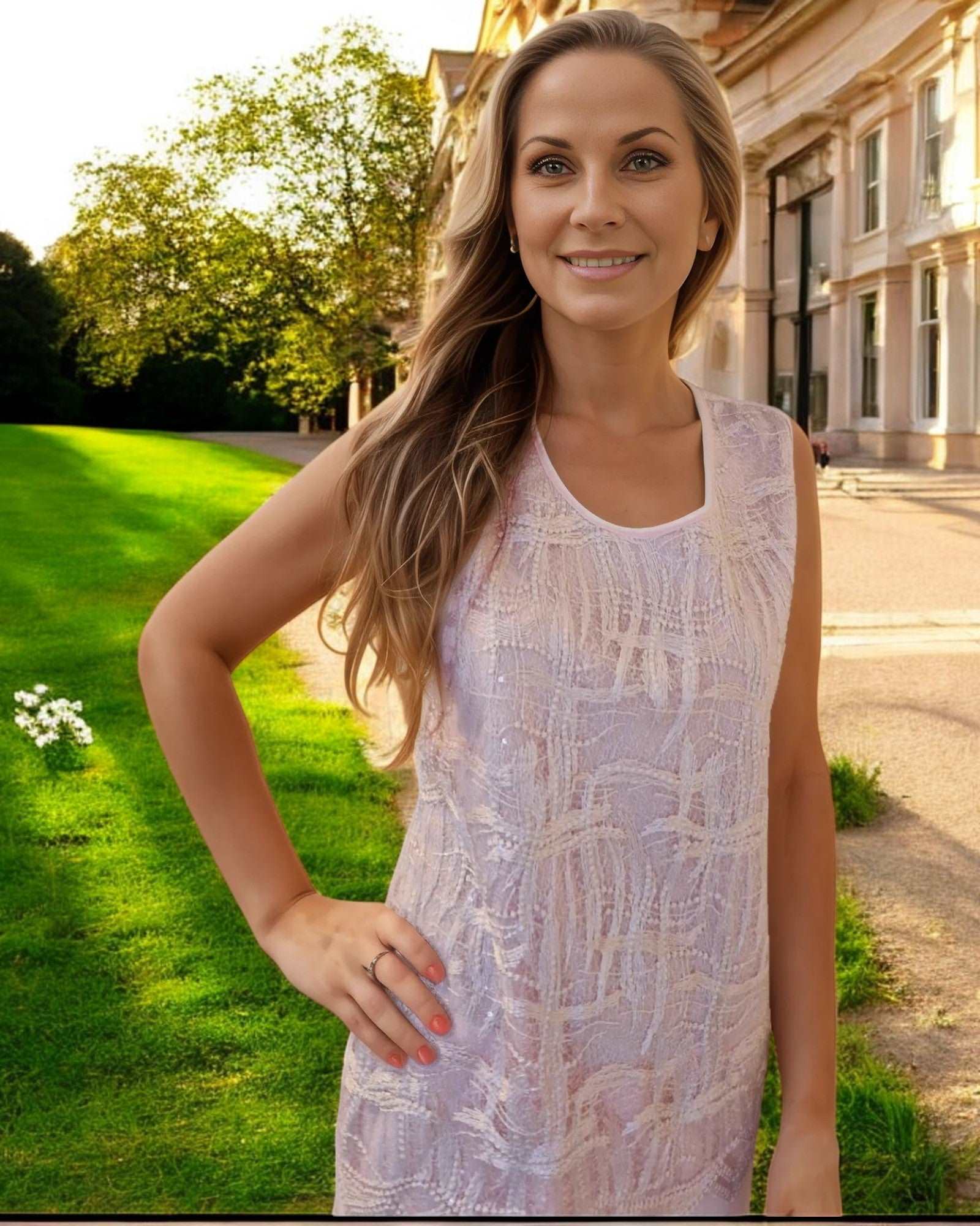 Mother of the bride 3 piece trouser suit from Lizabella is in blush pink colour, chiffon wide leg trousers, sleeveless lace round neck top with chiffon lightweight jacket
