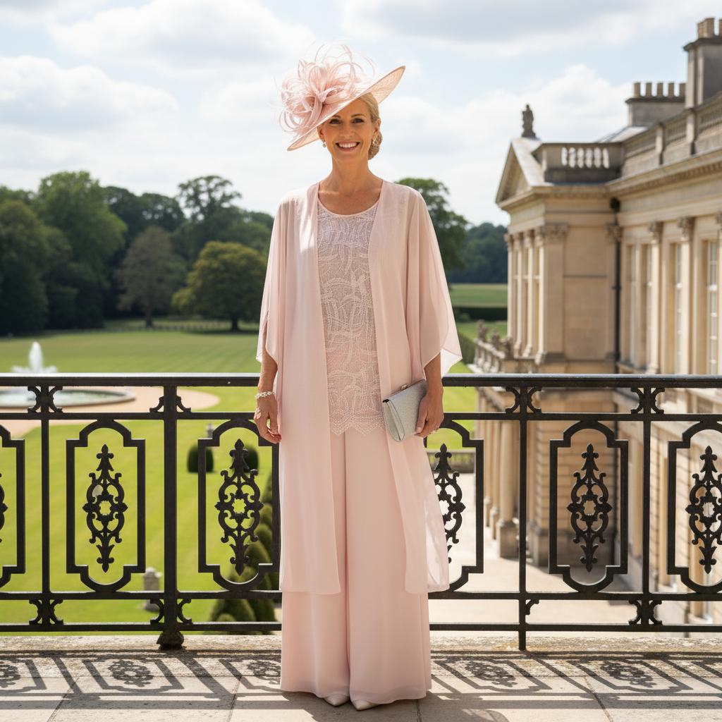 Woman in a 3 piece pink mother of the bride trouser suit. perfect for a summer or abroad wedding. Signature Dress.