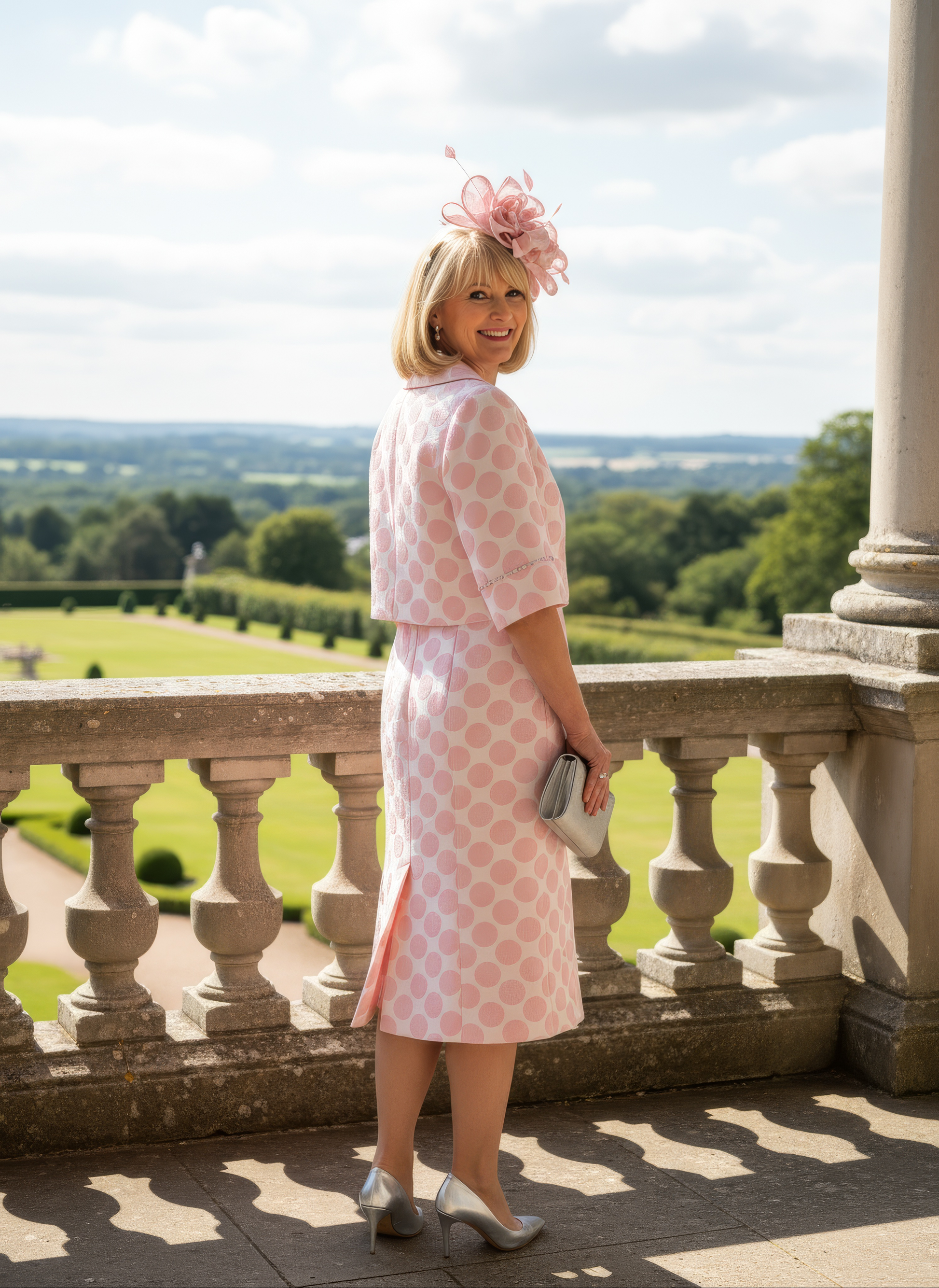 Woman in a Lizabella Mother of the bride 2 piece pink polka dot dress. Signature Dress