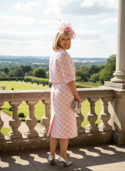Woman in a Lizabella Mother of the bride 2 piece pink polka dot dress. Signature Dress