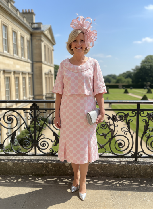 Woman in a Lizabella Mother of the bride 2 piece pink polka dot dress. Signature Dress