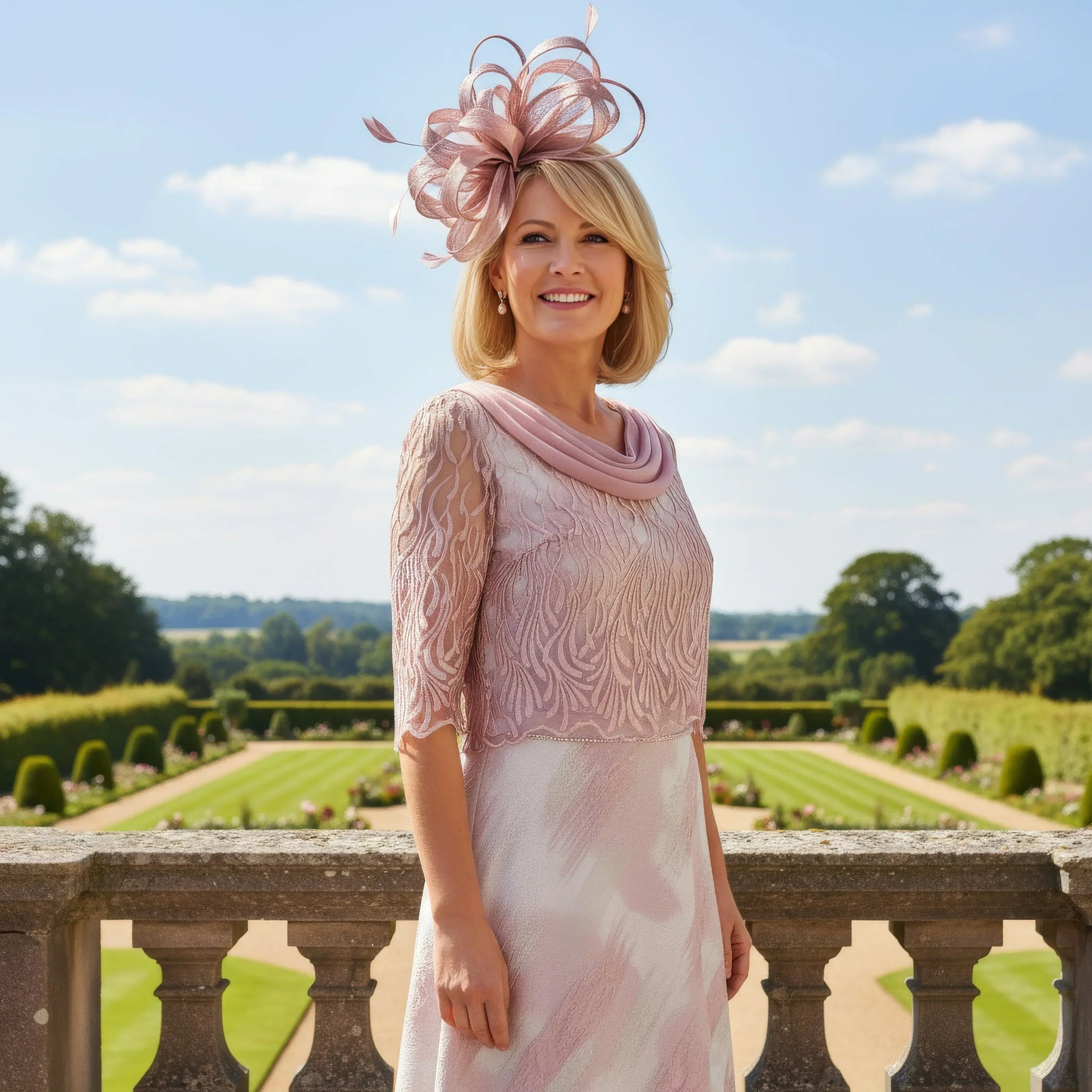 Woman in a pink Lizabella Mother of the bride dress and hat standing on a stone balcony with a scenic background