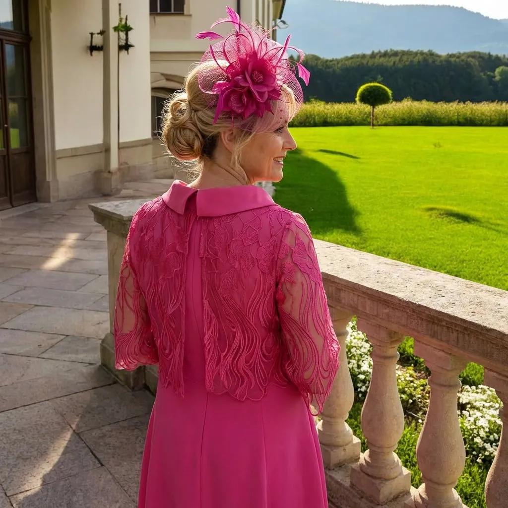 Woman in a Lizabella a-line pink mother of the bride dress and matching pink fascinator hat ready for wedding. Signature Dress.